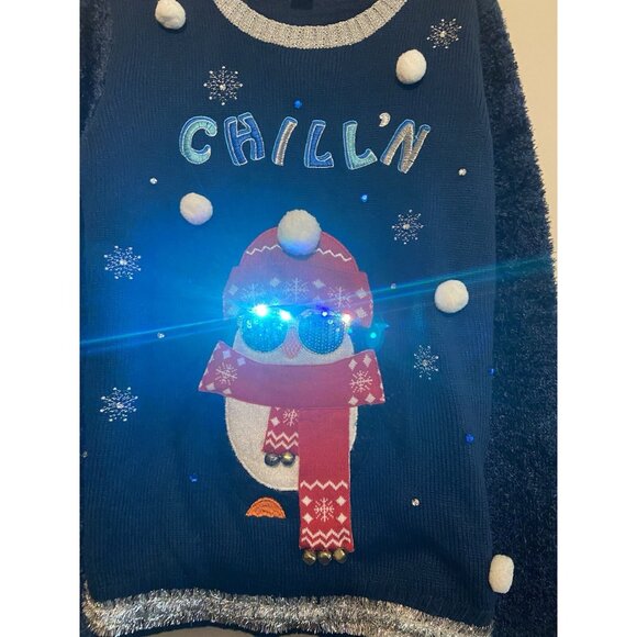 Ugly Christmas Sweater Holiday time m  8 to 10 penguin.  Lights Work. Blink.blue - Picture 3 of 8